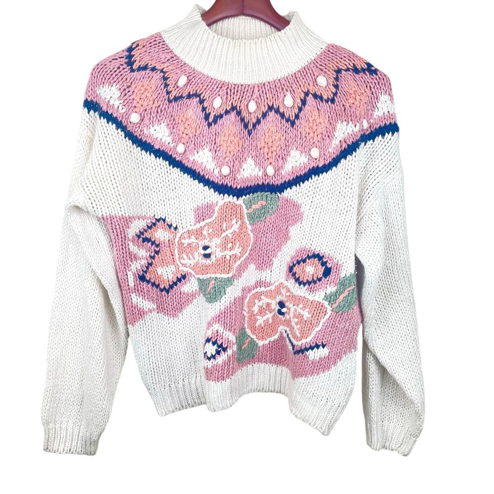 Vtg Womens Sweater Sz L‎ Fair Isle Handmade Scandi Chunky Thick Cottage Grandma